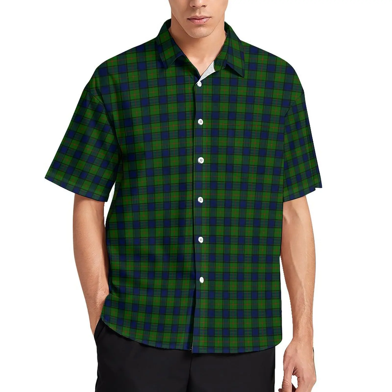 

Blue Green Plaid Casual Shirt Checkerboard Loose Hawaiian Shirts Man Short Sleeve Beach Fashion Graphic Plus Size 4XL Blouses