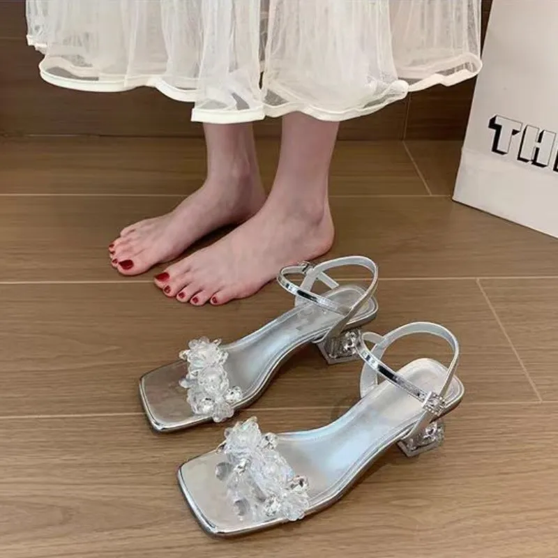 Buty damskie letnie nowe kwadratowe noski kryształowe sandały damskie otwarte noski seksowne eleganckie w stylu Casual, imprezowa wysokie sandały na