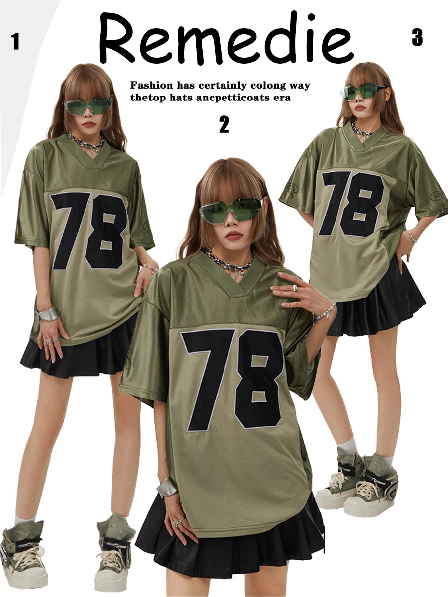 

Модный тренд 2025 года, корейская ниша 78, Джерси, хип-хоп, панк, уличная спортивная футболка с v-образным вырезом и короткими рукавами, повседневная мужская и женская стильная футболка