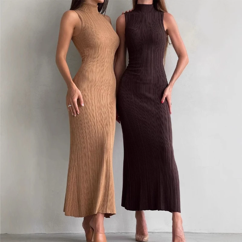 

Cross-border European and American Knitted Turtleneck Sleeveless Tight Skirt Spring Long Skirt European and American Dress