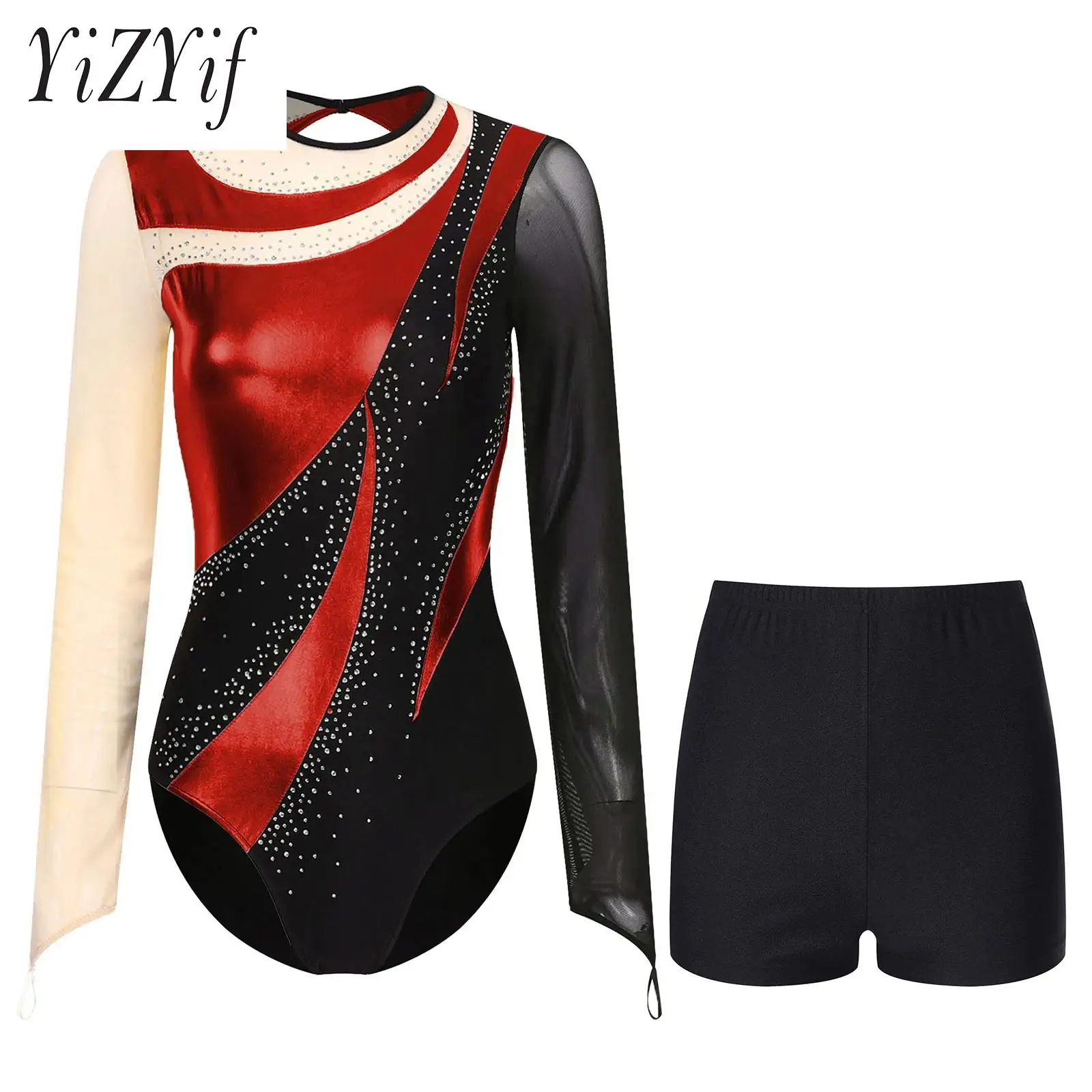 

Women Gymnastics Dance Performance Costume Metallic Color Block Leotard Sheer Long Sleeve with High Waist Shorts for Dance Wear