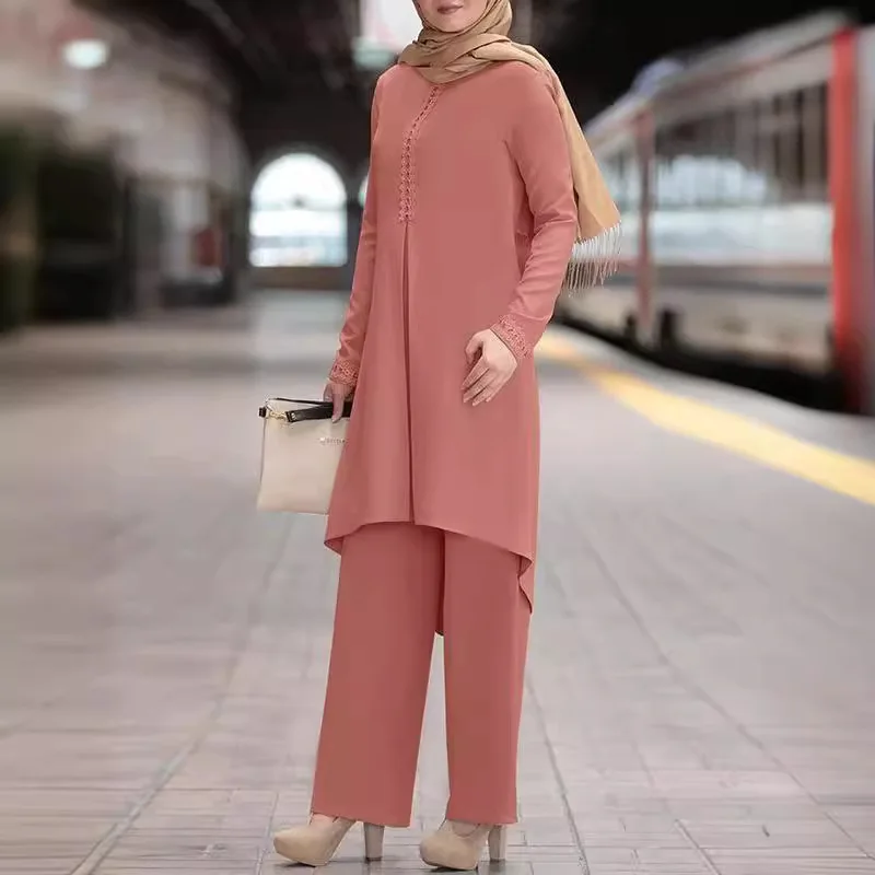 Muslim fashion women\'s spring and autumn new solid color long sleeve lace front round neck blouse trousers suit