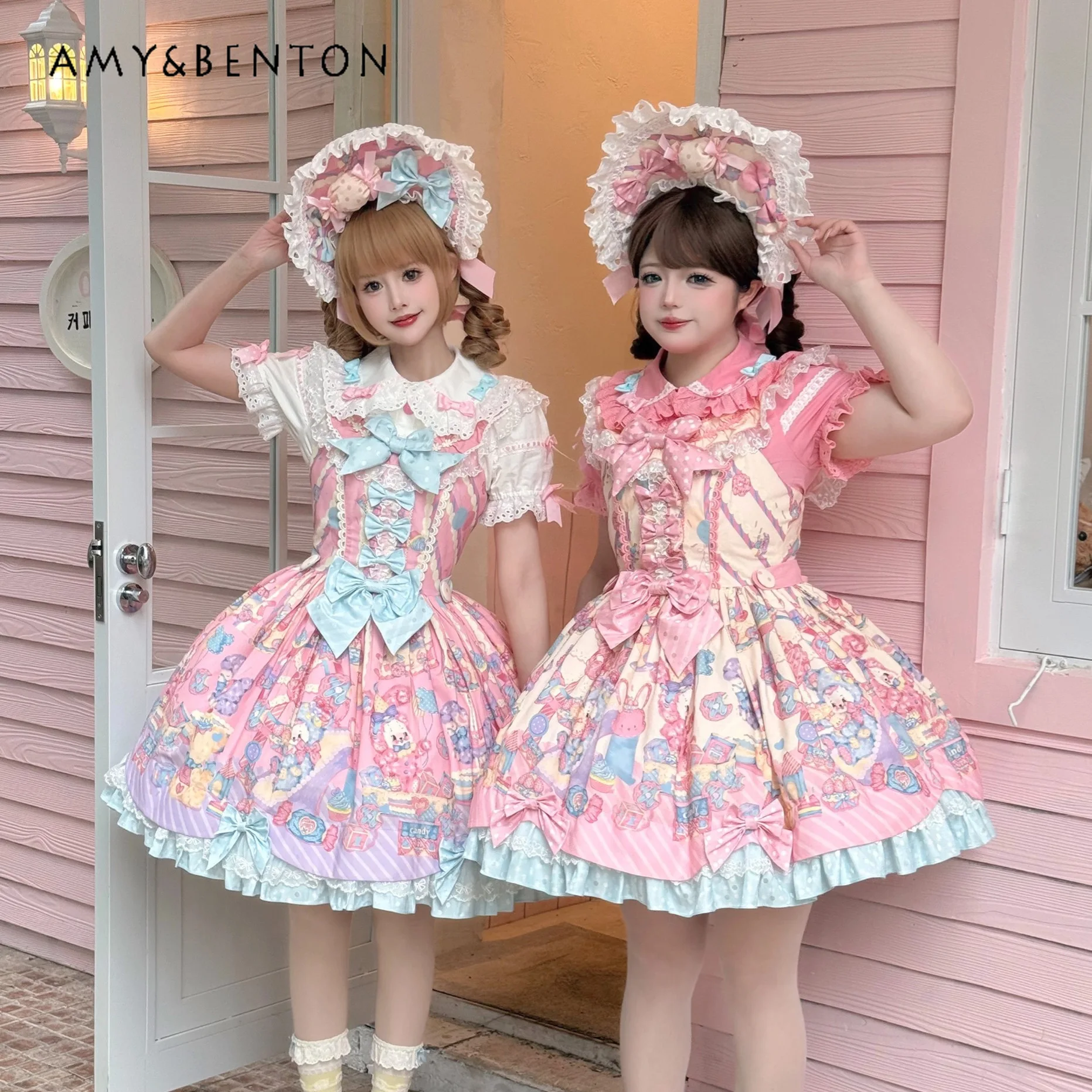 Abito da torta a righe con stampa cartoon Kawaii Lolita Abito da principessa con bretelle a vita alta con fiocco carino originale in pizzo