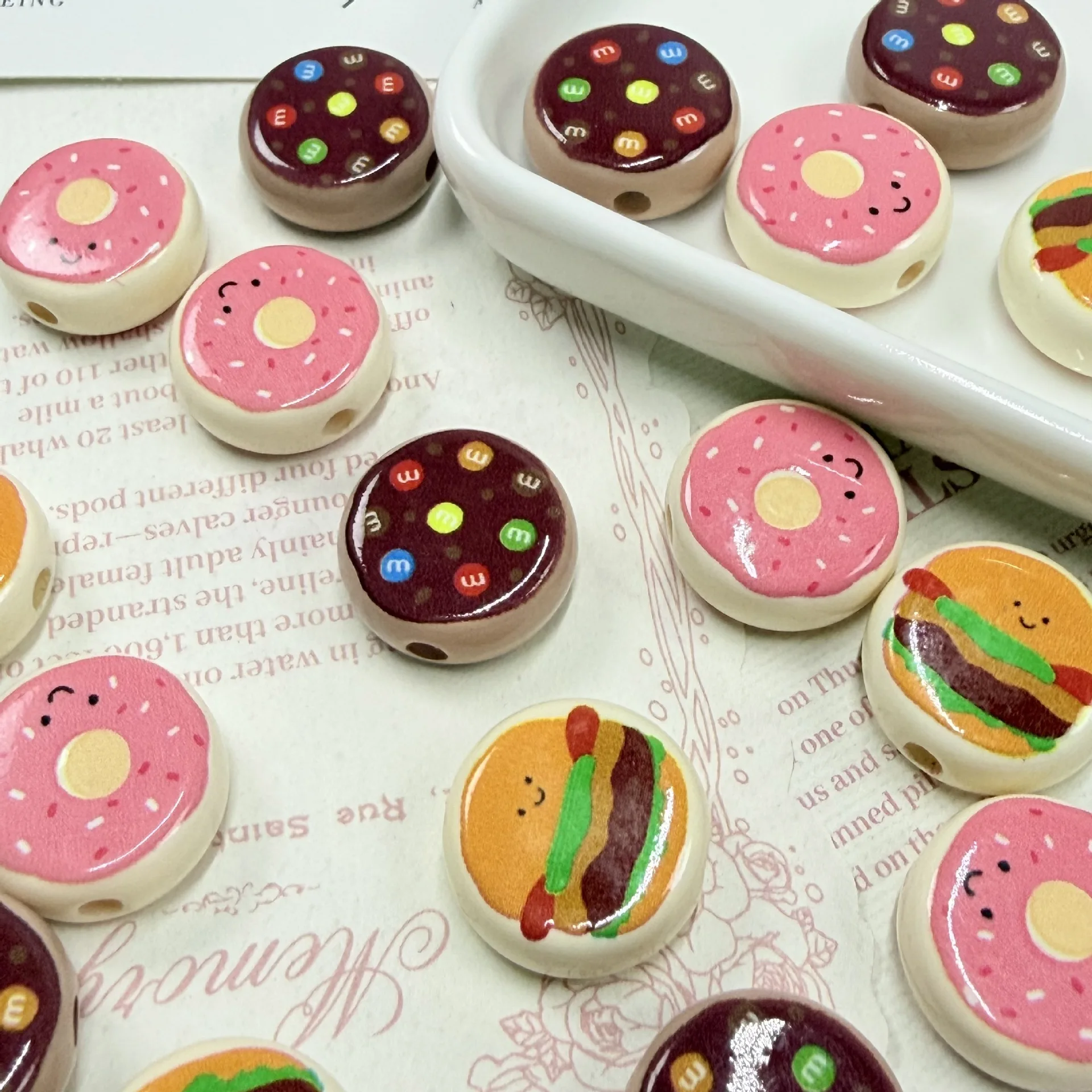 5PCS 17mm Acrylic Printed Donut Toast Beads DIY Bracelet Phone Strap Pendant Charm Loose Jewelry Accessories