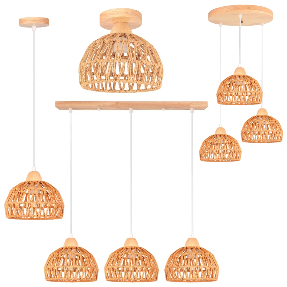 

1/3 Heads Hemp Rope Woven Pendant Lamp Rattan Wicker E27 Ceiling Chandelier Hand-Woven Lampshades Lighting Fixture Hanging Light