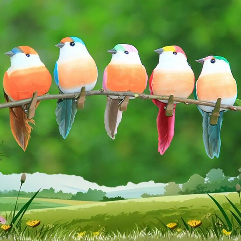 Oiseaux en plumes de mousse décoratifs pour jardin, ensemble d'artisanat, simulation de faisceau de plantes vertes, ornement coloré pour la maison, 6 pièces