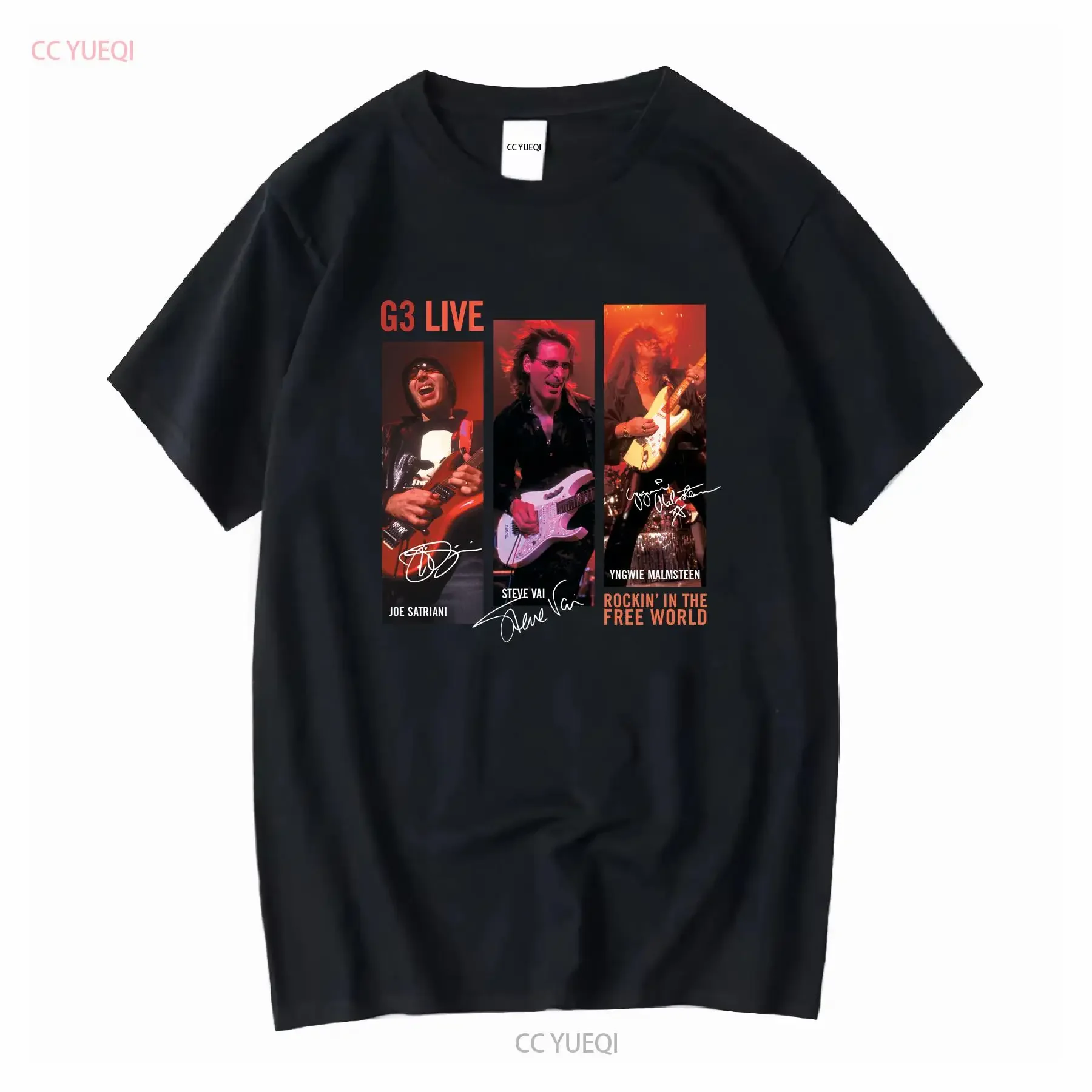 Camiseta negra para fanáticos de G3 Joe Satriani Steve Vai Yngwie, manga larga o corta, estilo vintage, versátil, a la moda, elástica y con efecto lavado.