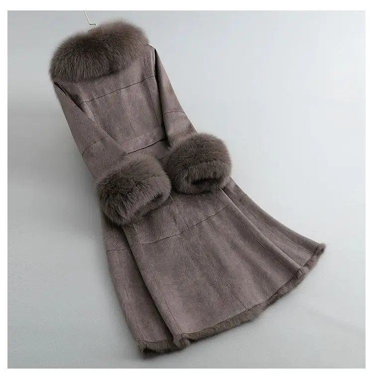 2023 New Rabbit Fur One Piece Coat for Women Mid length Fox Fur Collar Lace up Slim Fit Haining Fur Coat for Women
