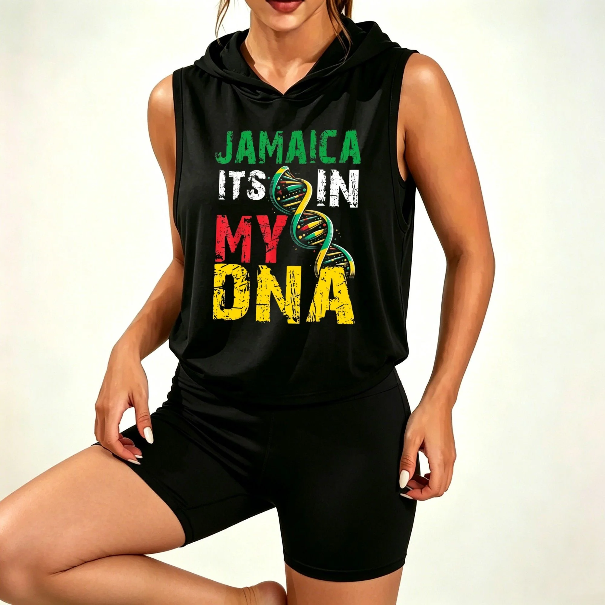 Conjunto de 2 piezas para mujer, camiseta sin mangas con capucha y estampado Jamaica It's In My DNA y pantalones cortos de ciclista elásticos de cintura alta, conjunto deportivo informal y suave para estar en casa