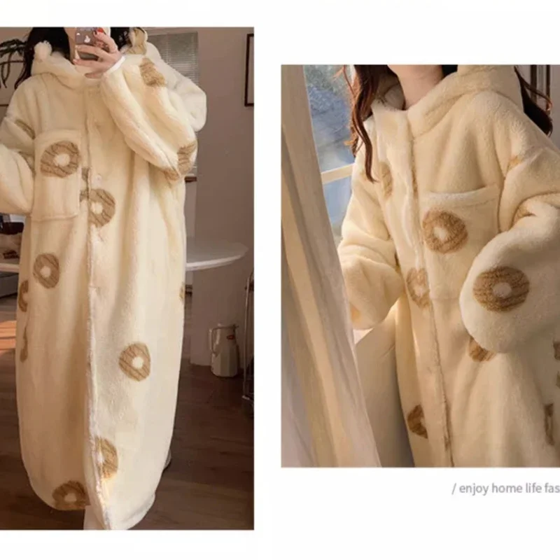 Women\'s Autumn Winter Coral Velvet Pajamas Nightgown Padded Thickened Female Hooded Homewear Cute Princess Style Long Bath Robe