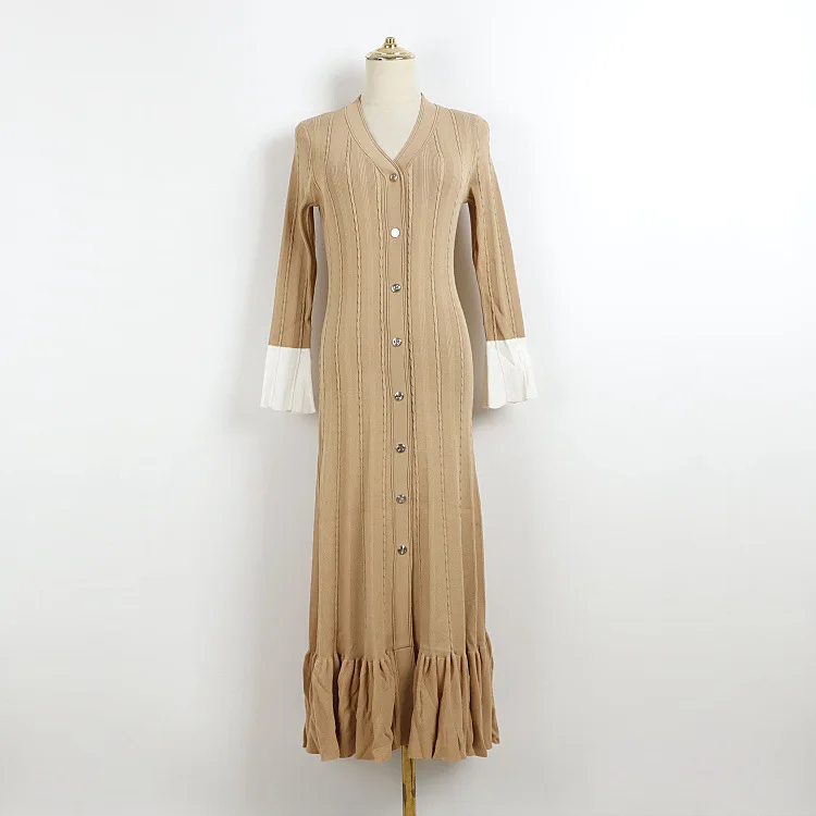 Vestido maxi de malha com nervuras feminino com decote em v botão contraste punhos manga longa em camadas plissado vestidos elegantes 2026 outono/inverno vestido
