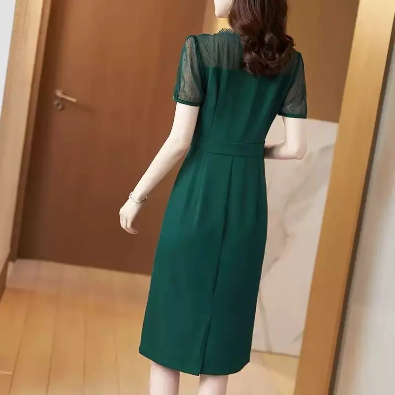 2023 New Summer Elegant Patchwork Solid Color Square Collar Short Sleeve Ladies Dresses Women Clothes Simplicity Lace Midi Dress