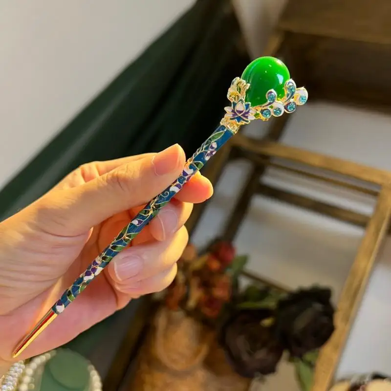 Retro style stunning United States scenery Tailai simulation emerald hairpin women's Hanfu hair ornament headpiece hairpin