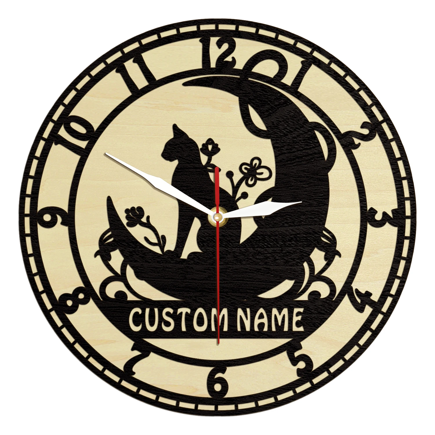 Cat On Moon Custom Wooden Frame Wall Clock Kitty Kitten Wall Art Natural Home Decor Watch Wood Living Hinge Clock Cat Lover Gift