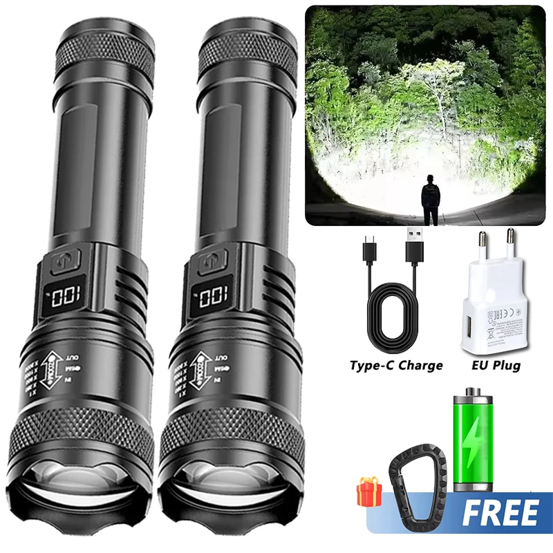 

High Strong Power Led Flashlights 2000LM Tactical Torch with Display Light USB Charging Camping Fishing Emergency Zoom Lantern