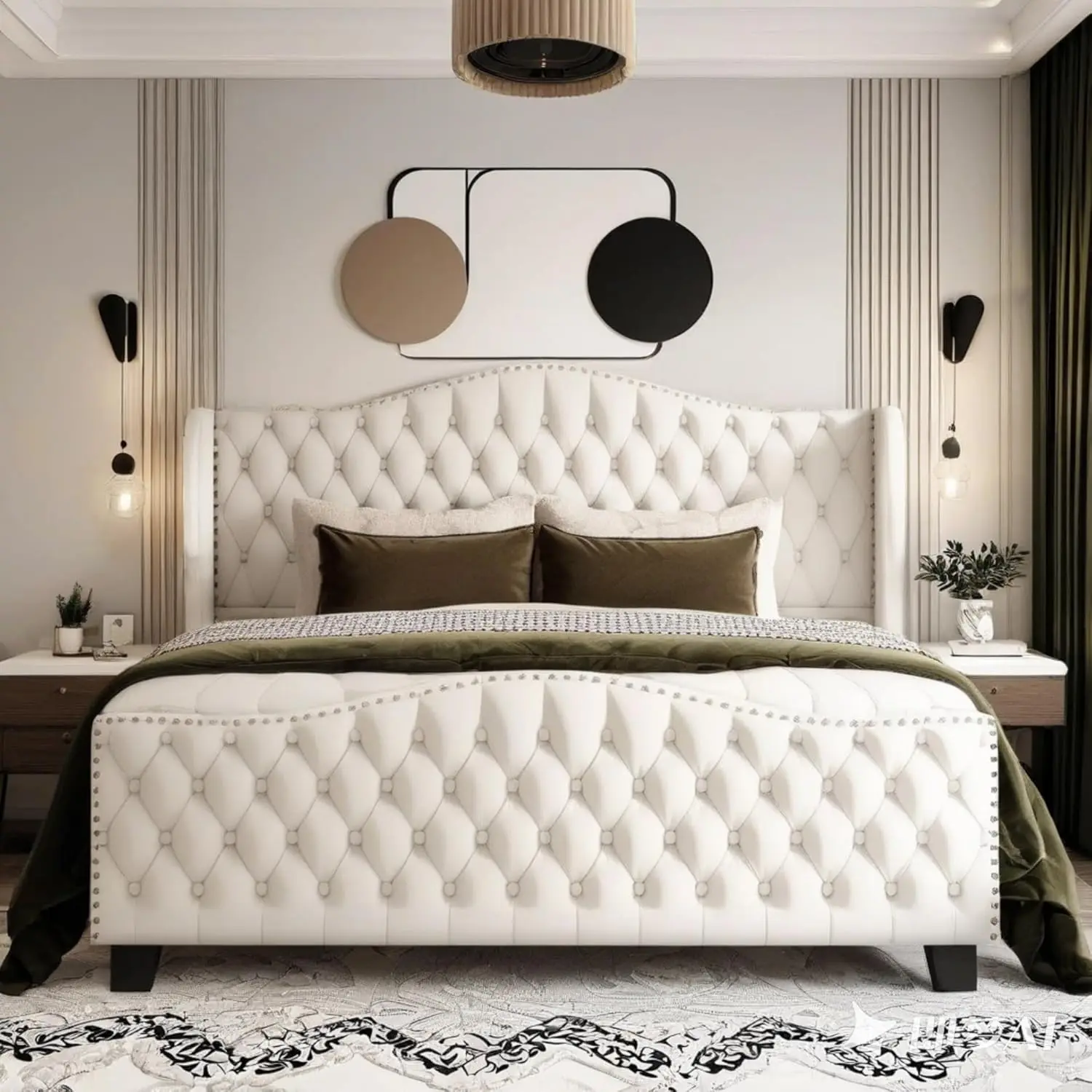 

Queen Size Velvet Upholstered Platform Bed Frame with Wingback Headboard & Footboard, Deep Button Tufted Design, Wood Slats Supp