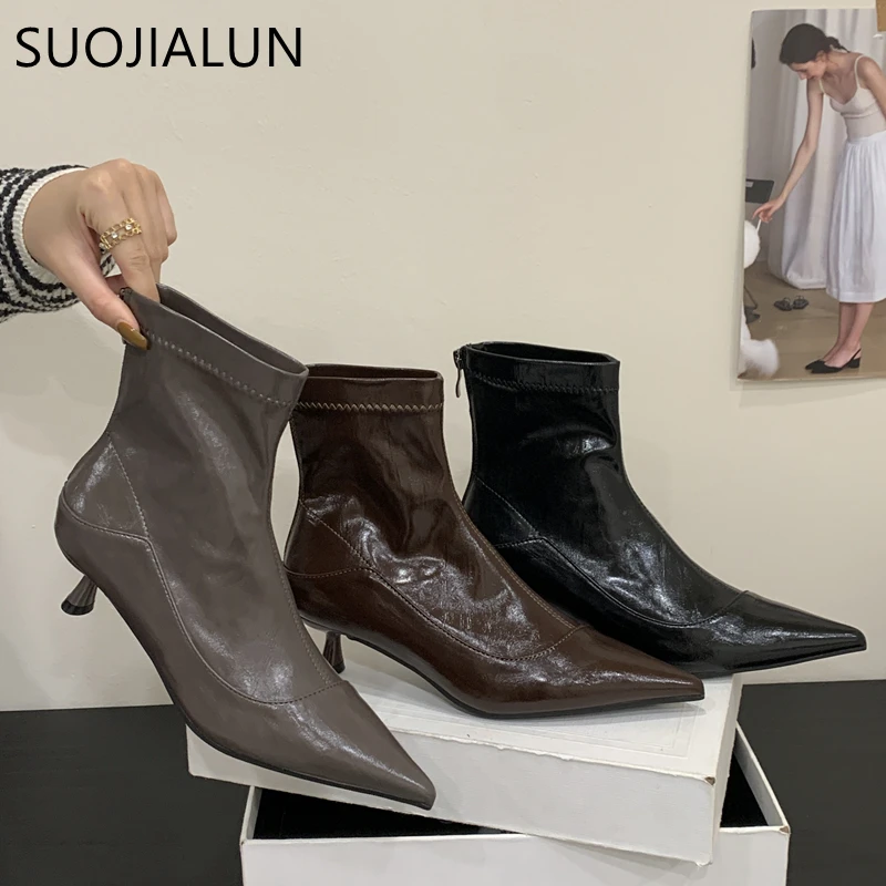 

SUOJIALUN 2025 New Brand Women Short Boots Shoes Fashion Thin High Heel Outdoor Dress Chelsea Pumps Pointed Toe Ankle Boots Shoe