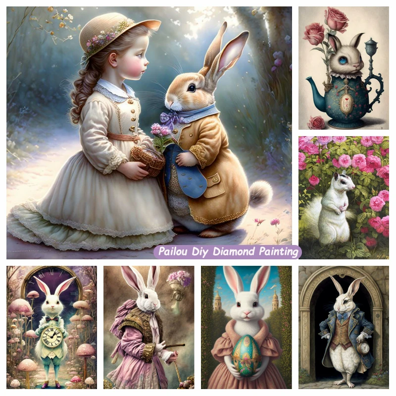 Diy 5d Fantasy Bunny królik diamentowy artystyczny obraz ładna dziewczyna zwierzęcy haft z krajobrazem haft krzyżykowy wystrój domu