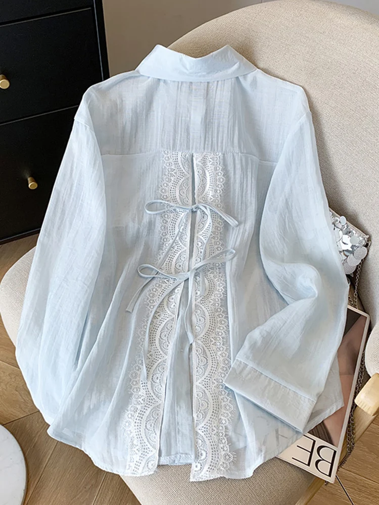 

Синяя кружевная рубашка с бантом и разрезом от солнца, женская легкая тонкая свободная блузка с длинным рукавом, летняя повседневная верхняя одежда, топы