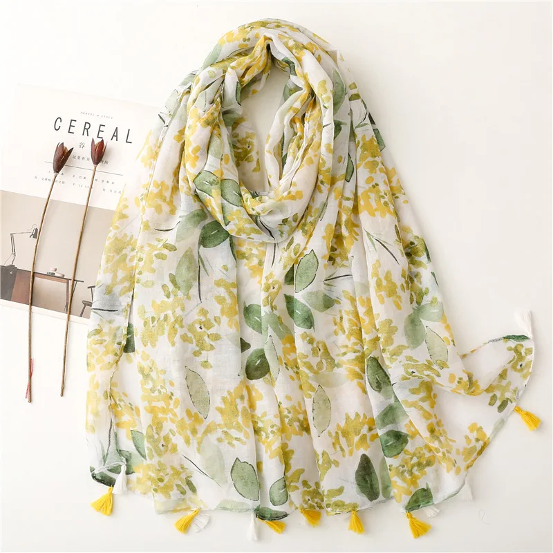 Small Fresh Plain Balinese Cotton Linen Hand Scarf Female Fruit Green Bright Yellow Leaf Printed Tassel Shawl