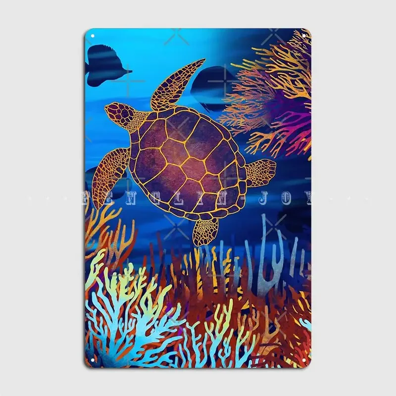 Sea Turtles On A Coral Reef Metal Sign Cinema Living Room Club Bar Vintage Wall Decor Tin Sign Posters