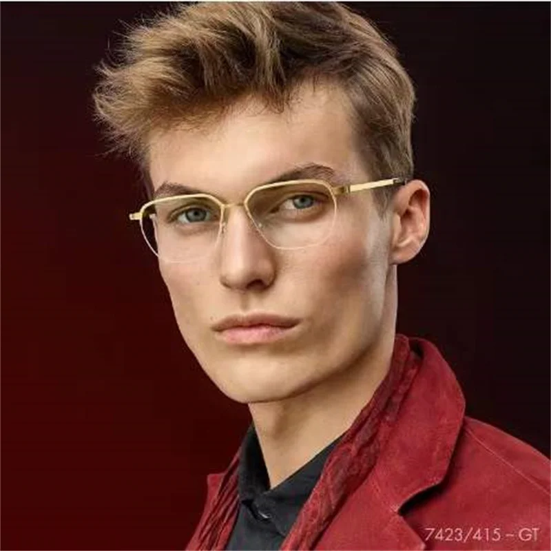 Denmark Square Screwless Ultra-light Glasses Frame 7423 Half Rim Fashion Polygon Businese Prescription Eyeglasses Gold Eyewear