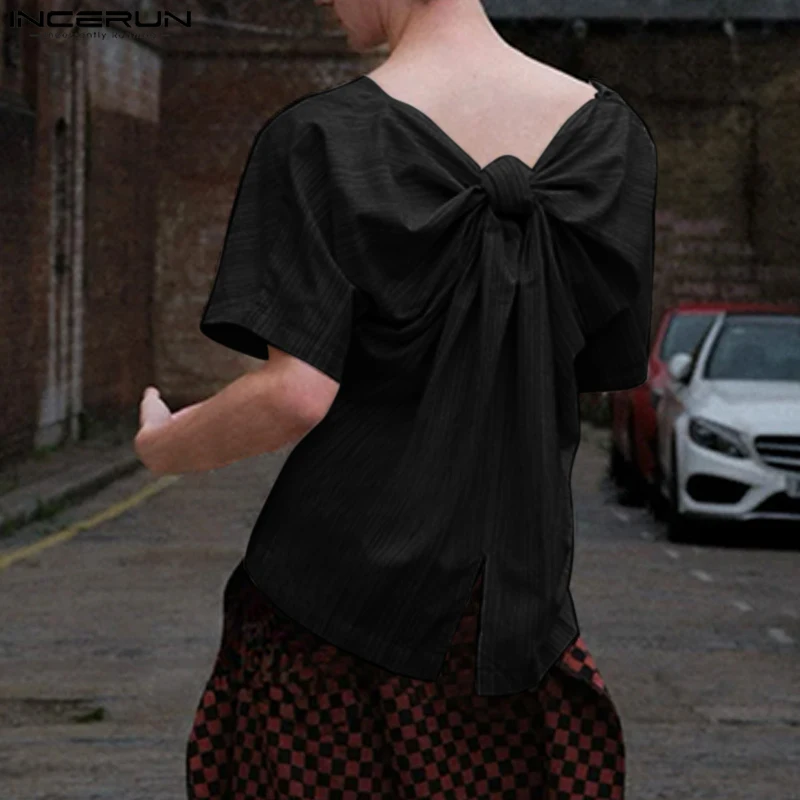 INCERUN الرجال تي شيرت مخطط س الرقبة قصيرة الأكمام Bowknot ملابس الرجال غير رسمية الشارع الشهير فضفاضة أنيقة للجنسين المحملة القمم الموضة