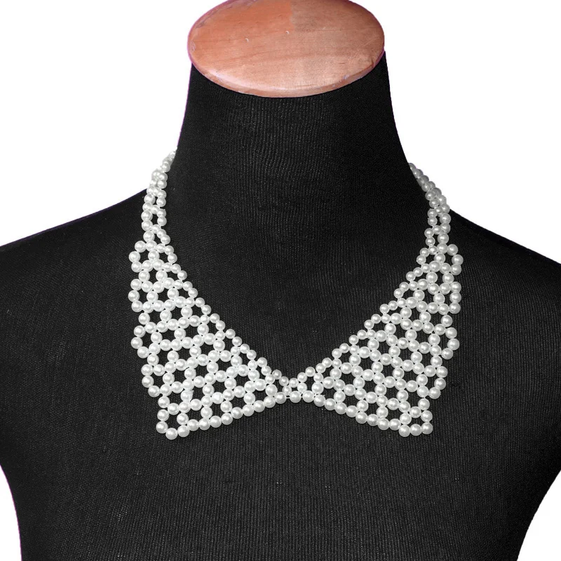 Handmade Bride Dress Fake Collar Faux Pearl Beaded Lace Trim Detachable Collars Womens Fashion Bib Choker Ladies Necklace