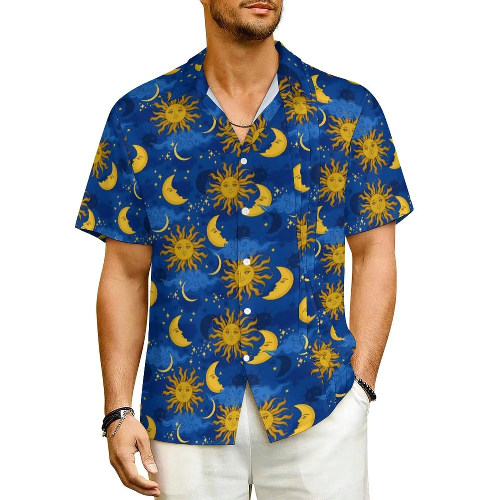 

Stars Sun Moon Casual Shirt Celestial Print Retro Hawaiian Shirts Man Short-Sleeved Beach Korean Fashion Oversized Blouses