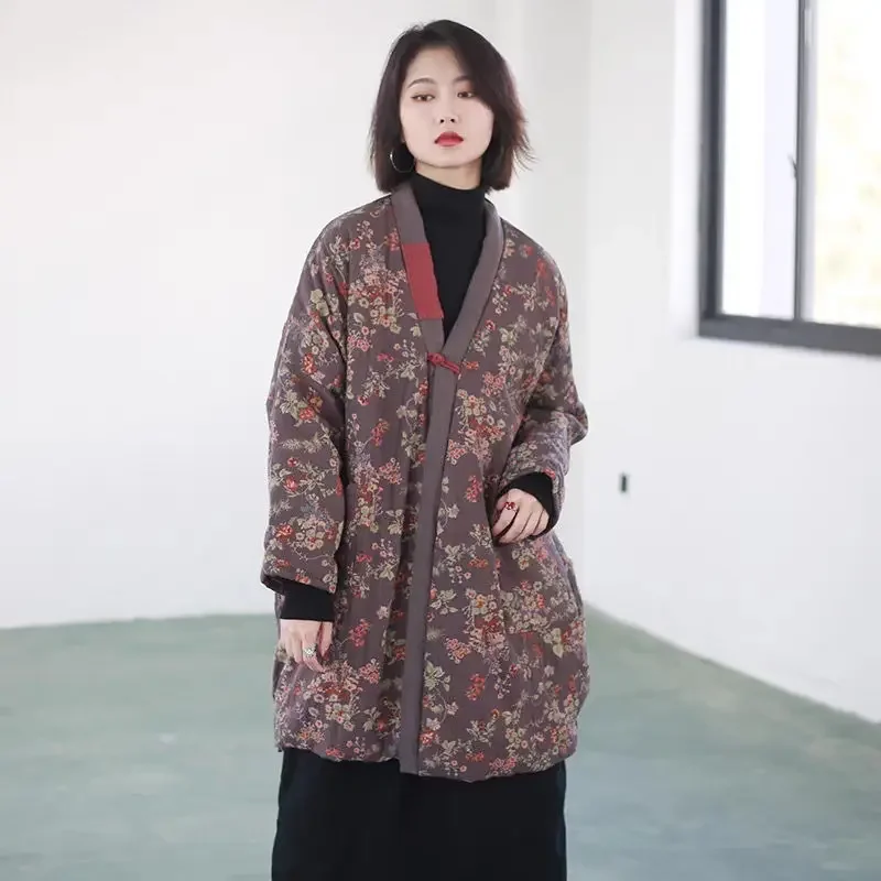 Women Long Coat Chinese Style Full Cotton V-Neck Solid Thick Winter Casual Single Button Vintage Women Long Coat Quilted Coats