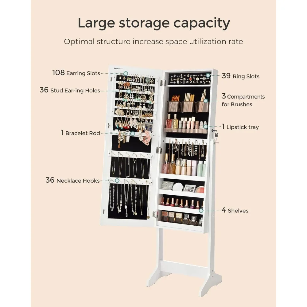 for Necklace Earring Floor Mirror Cabinets Jewelry Cabinet Armoire Full-Length Frameless Mirror White freight free