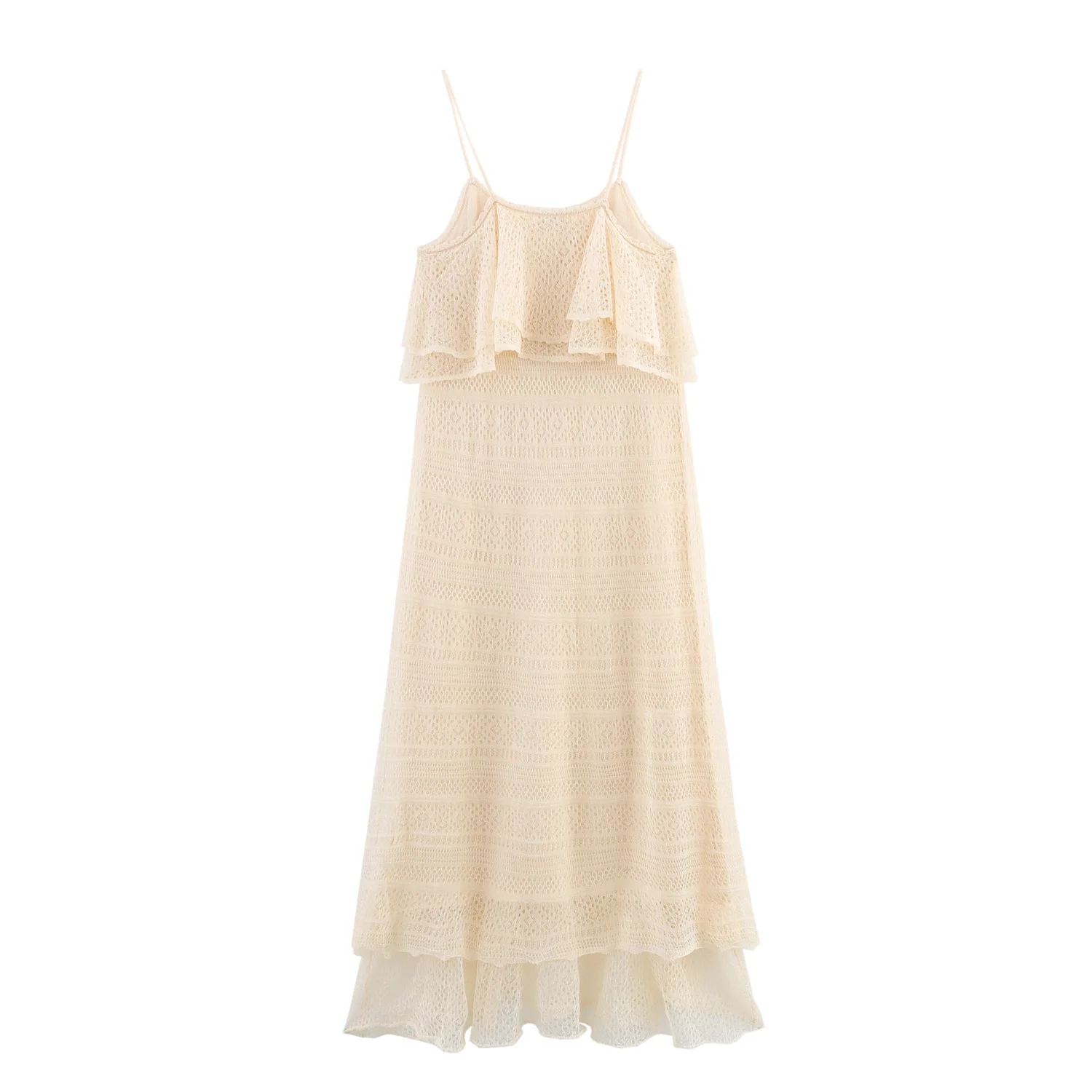 Dave & di francês retro bege em camadas crochê jacquard vestido feminino verão minimalista moda senhoras elegante suspender vestido feminino