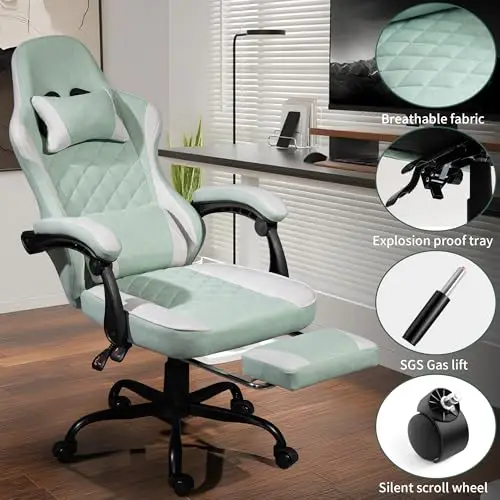 Mint Green And Light Grey Ergonomic Gaming Chair With Adjustable Footrest, Breathable Fabric, SGS Gas Lift, Silent Wheels