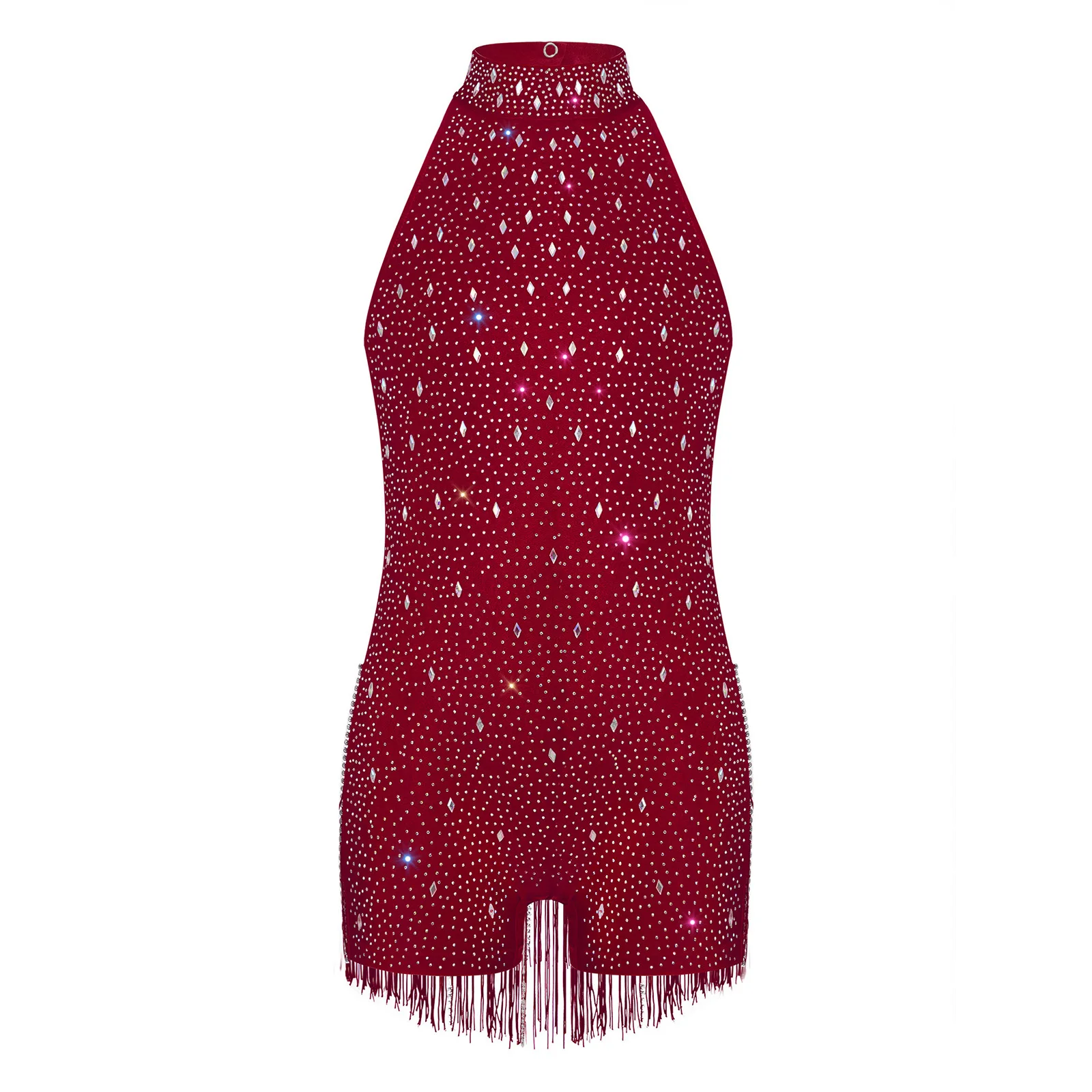 

Kids Girls Latin Jazz Dance Jumpsuit Halter Sleeveless Backless Shiny Rhinestones Bodysuit for Modern Lyrical Dance Performance