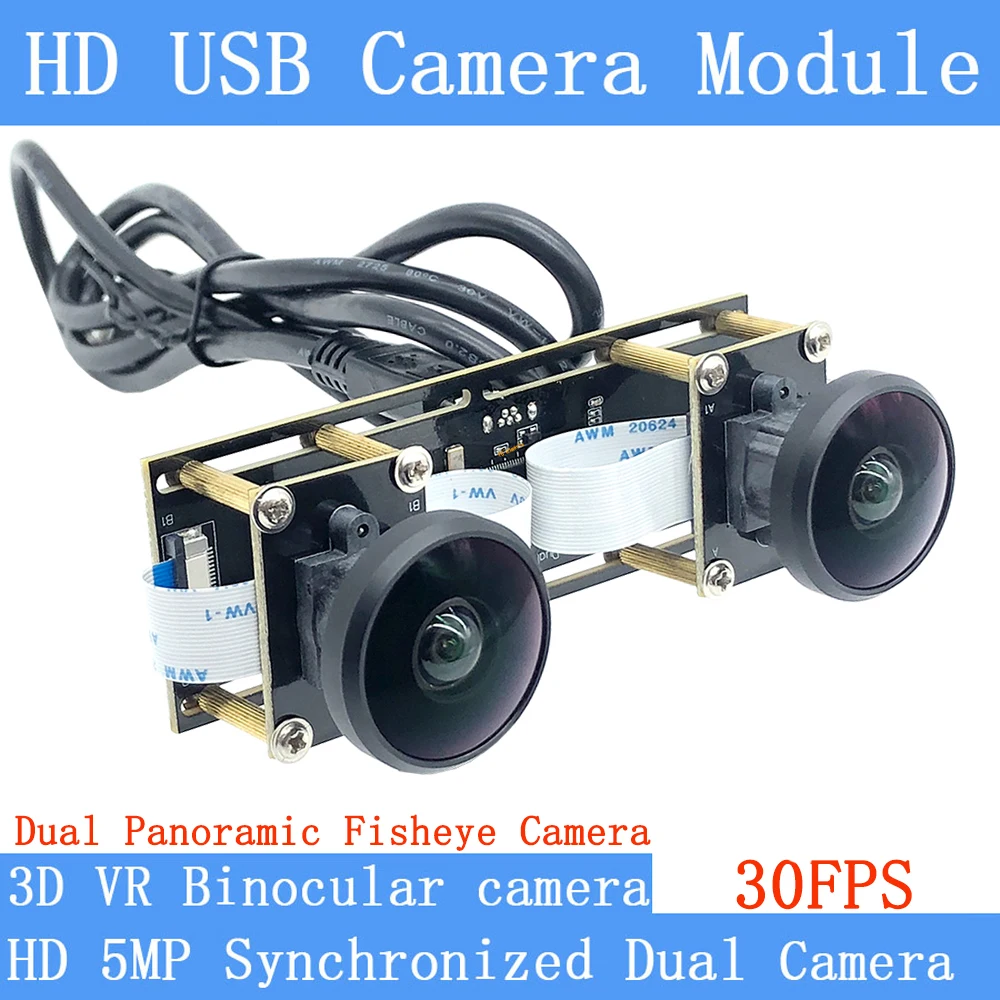 HD Webcam 360° Panoramic Fisheye Binocular Synchronization Stereo Dual Lens 5MP USB Camera Module for 3D VR Virtual Reality