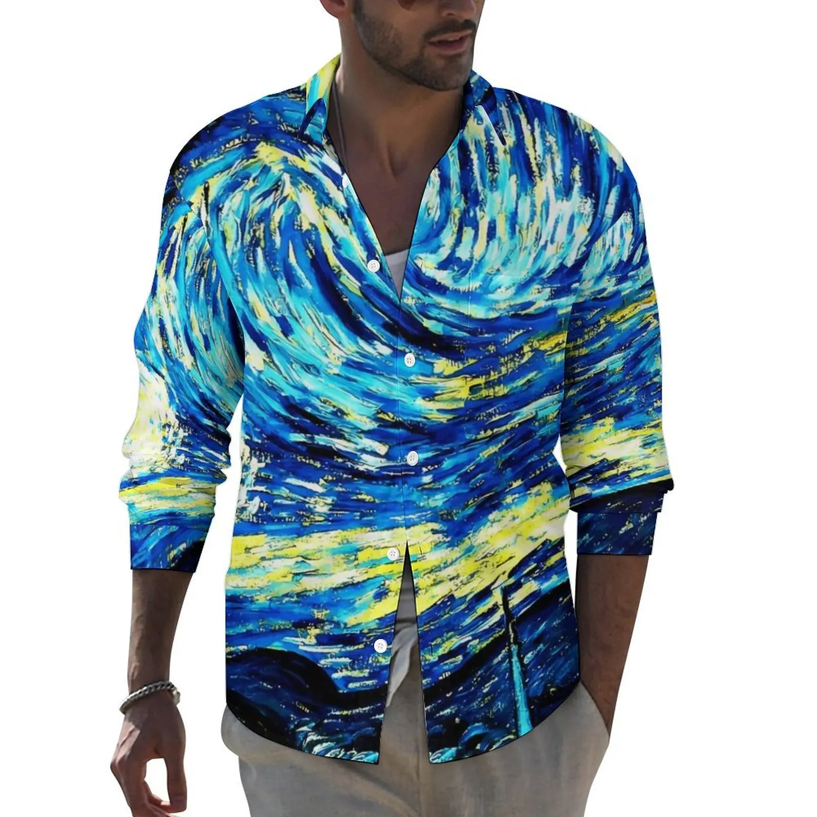 Vincent Van Gogh Shirt Starry Night Casual Shirts Long Sleeve Pattern Streetwear Blouses Spring Trendy Oversized Clothing