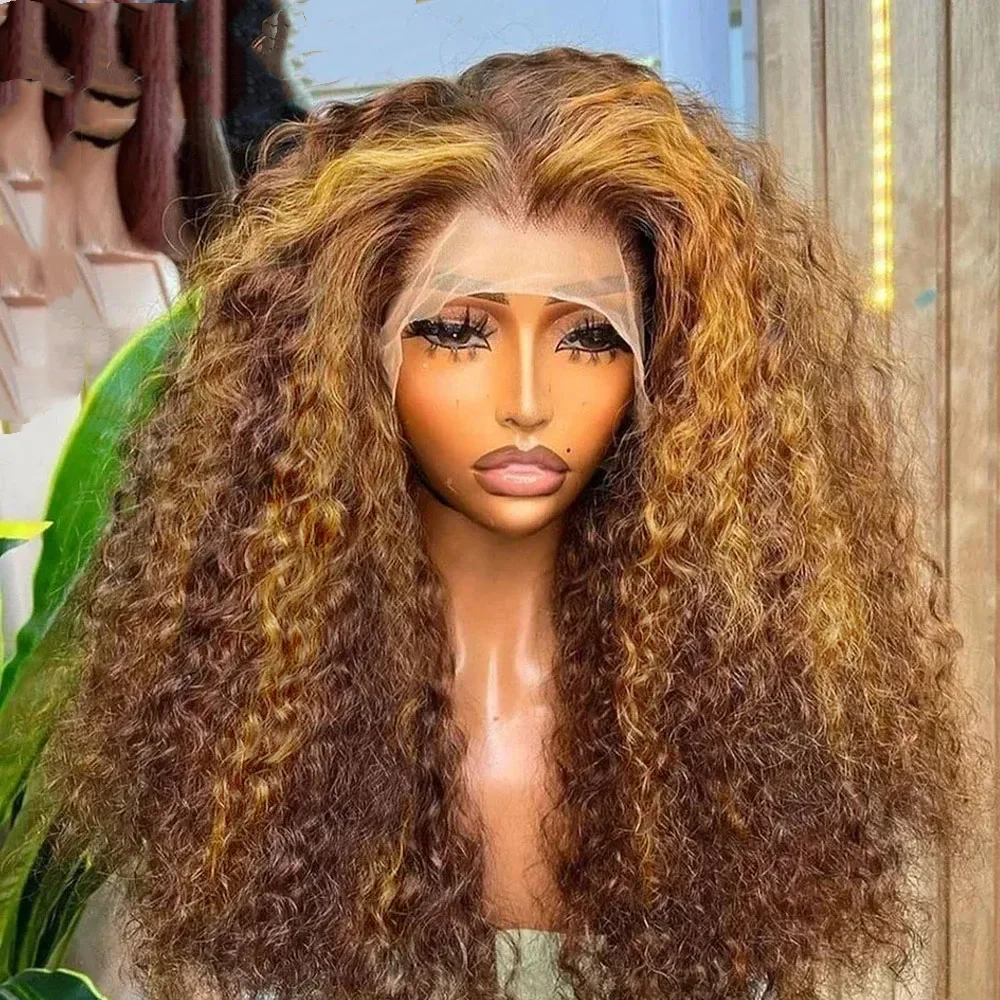 투명 HD 하이라이트 가발 인모 허니 블론드 레이스 프론트 가발 여성용 곱슬머리 인모 가발 딥 웨이브 레이스 프론탈 가발