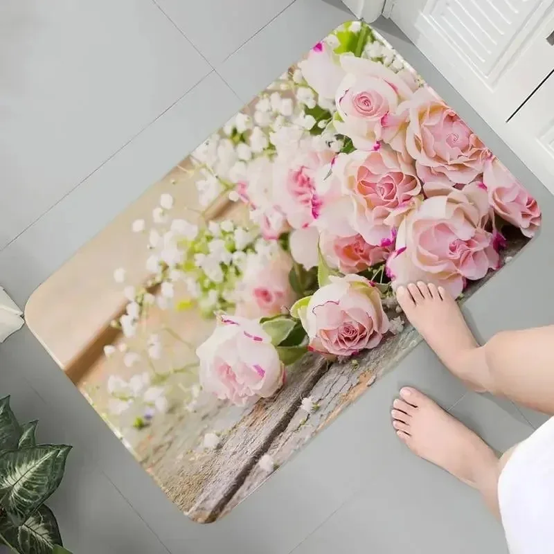 Rose Printed Pattern Mat Outdoor Rug Carpet Wrinkle Resistant Doormat Washroom Entrance Decor Non-slip Floor Mat Home Decoration
