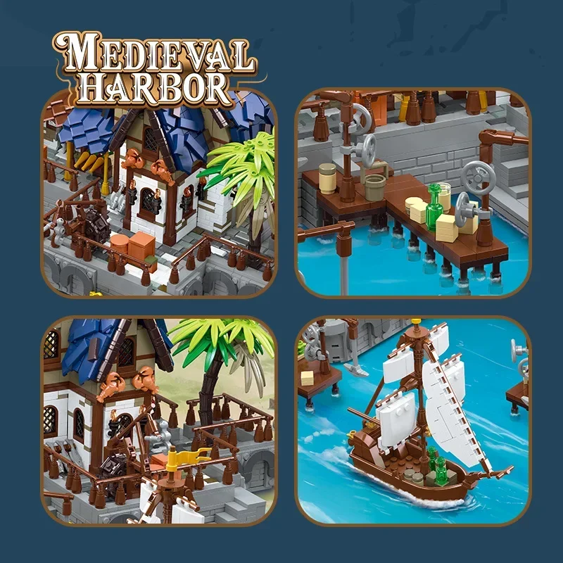 Medieval Castle MOC 89152 Medieval Harbor Port Town Model 2979PCS Building Blocks Brick Toys for Children Boys Birthday Gift