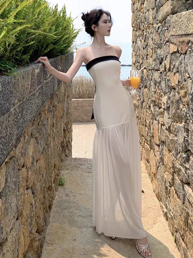 RORIRI Desire Sheer Mesh Stitch Corset Jurk Vrouwen Retro Contrast Backless Boog Slanke Bodycon Lange Jurk Vakantie Zomer Kleding