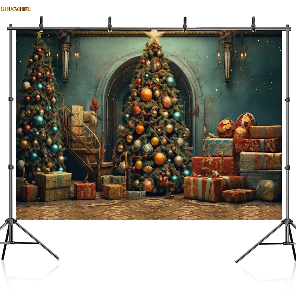 Christmas Backdrop Xmas Tree Gift Window Fireplace Family Party Decor Portrait Photography Background for Photo Studio