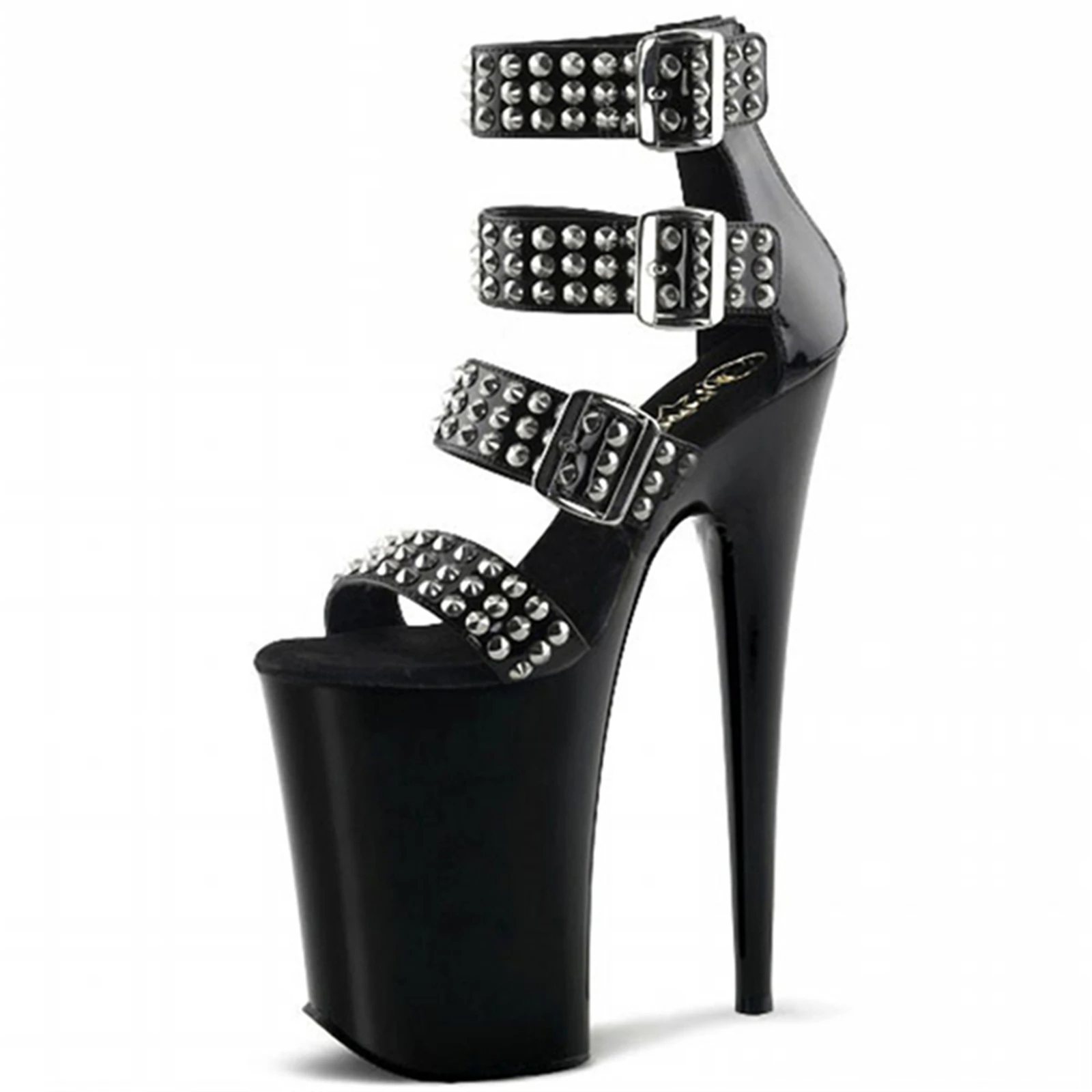 

​23CM Platform Harness Sandals Black, Studded Ankle Strap Heels with Triple Buckle, Extreme Height Fetish Shoes​