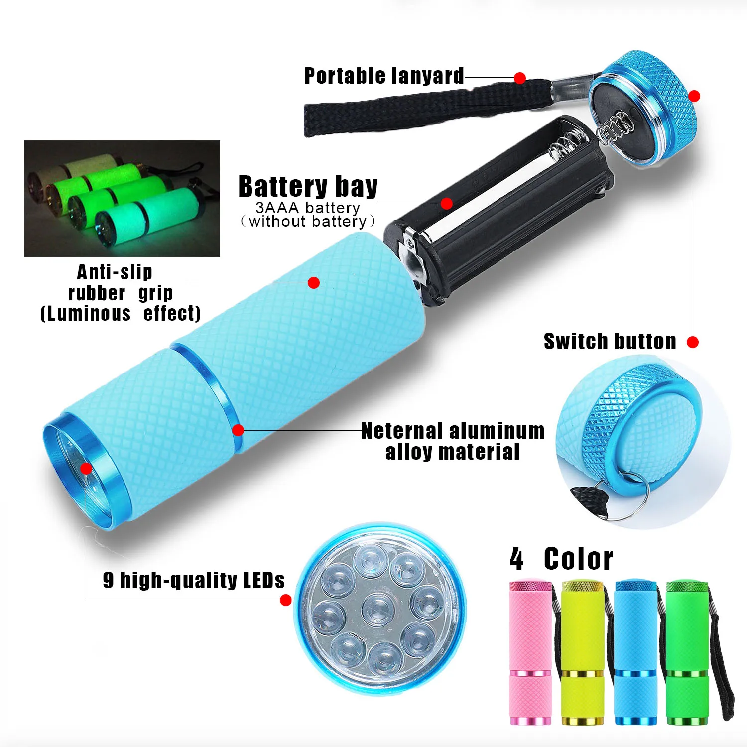 Mini 9 LED Flashlight Strong Light Highlight Hand Torch Outdoors Waterproof Light Portable Pocket Lantern Hiking Camping