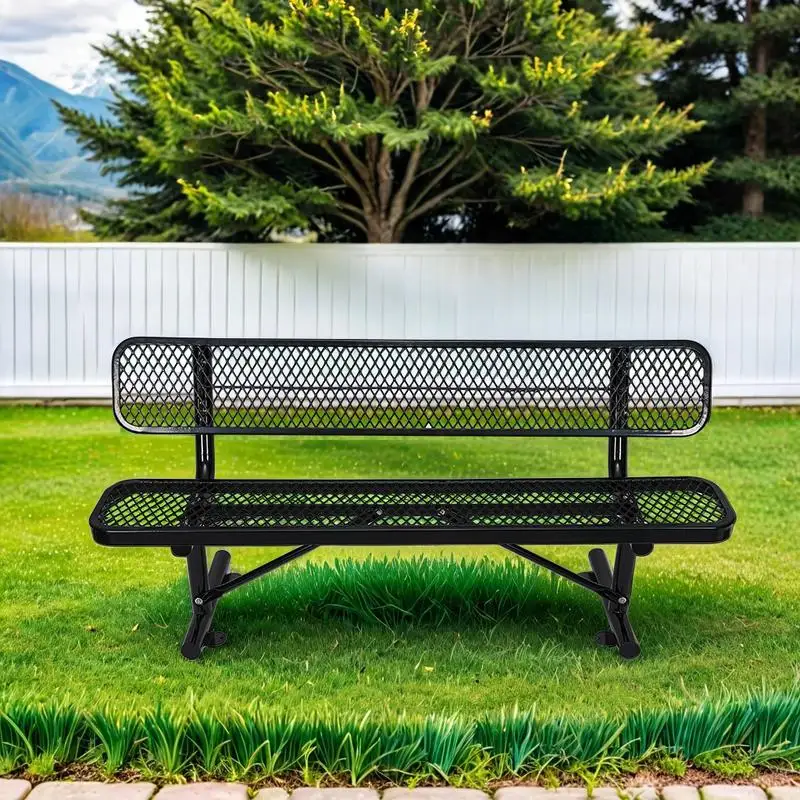 6ft Outdoor Steel Bench with Backrest, Black Finish, Durable & Stylish Garden Seating