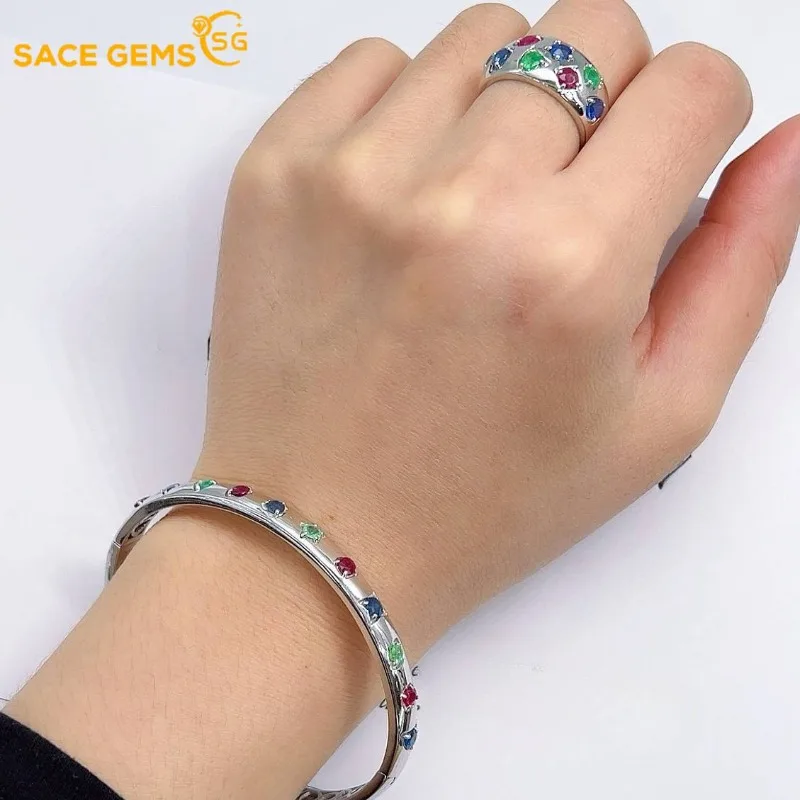 

SACE GEMS 3MM Natural Sapphire Ruby Emerald 925 Sterling Silver Rings Bracelrts Set for Women Engagement Party Fine Jewelry Set