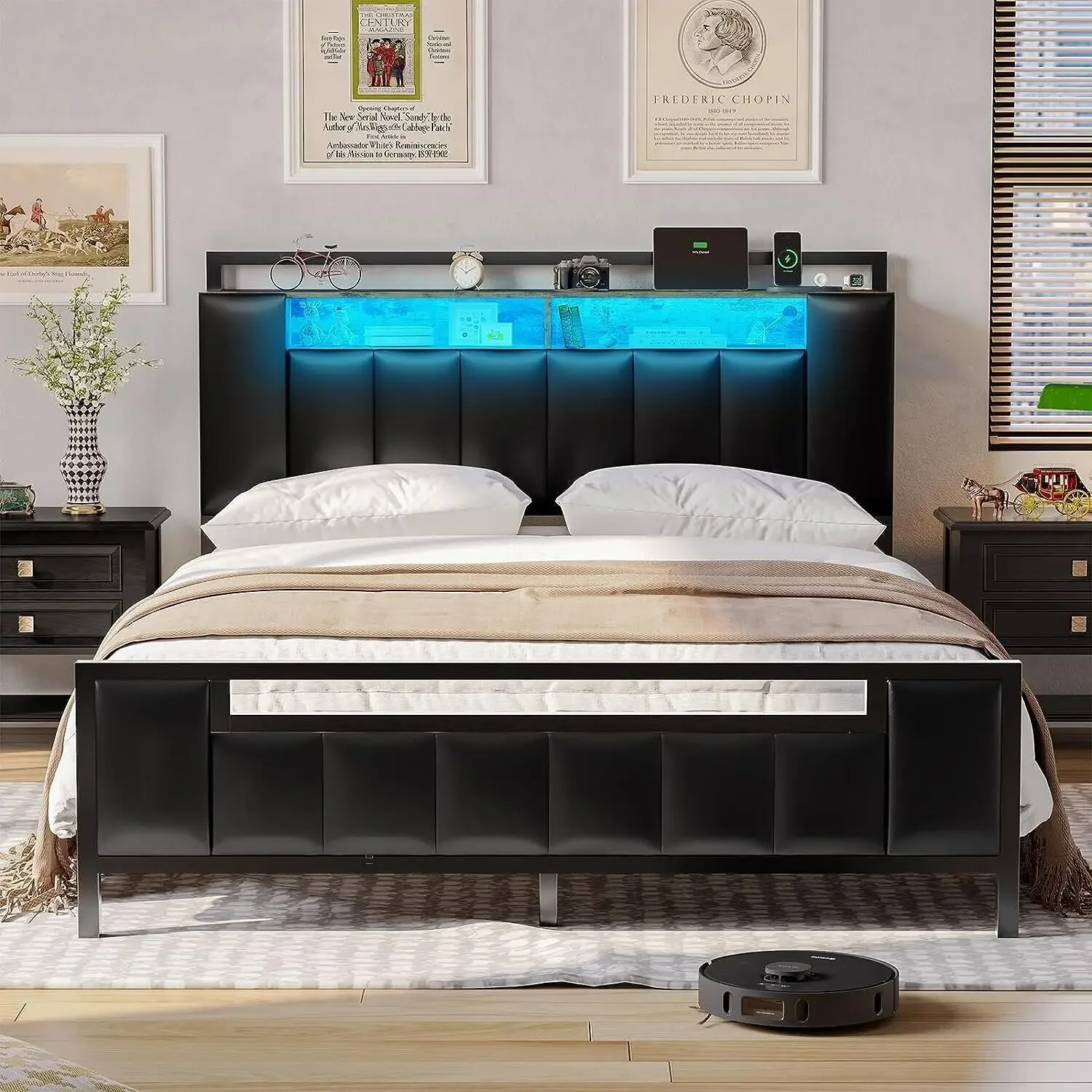Queen Size Bed Frame with LED Light Metal Platform Bed with Hidden Storage Black