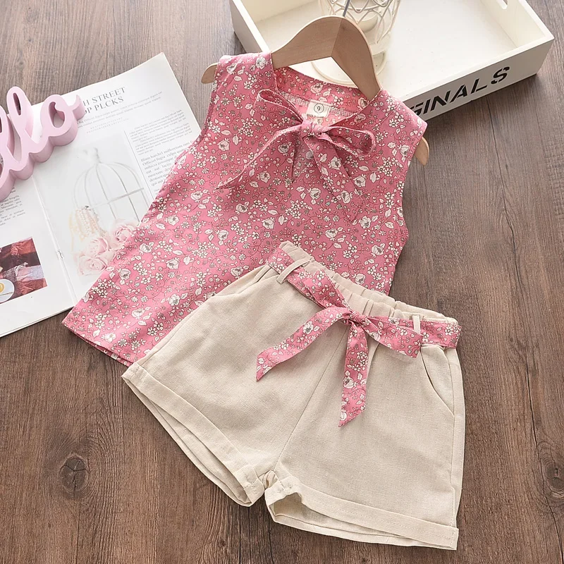 Bear Leader Girls Clothing Sets 2023 Summer Kids Clothes Floral Chiffon Halter+Embroidered Shorts Straw Children Clothing