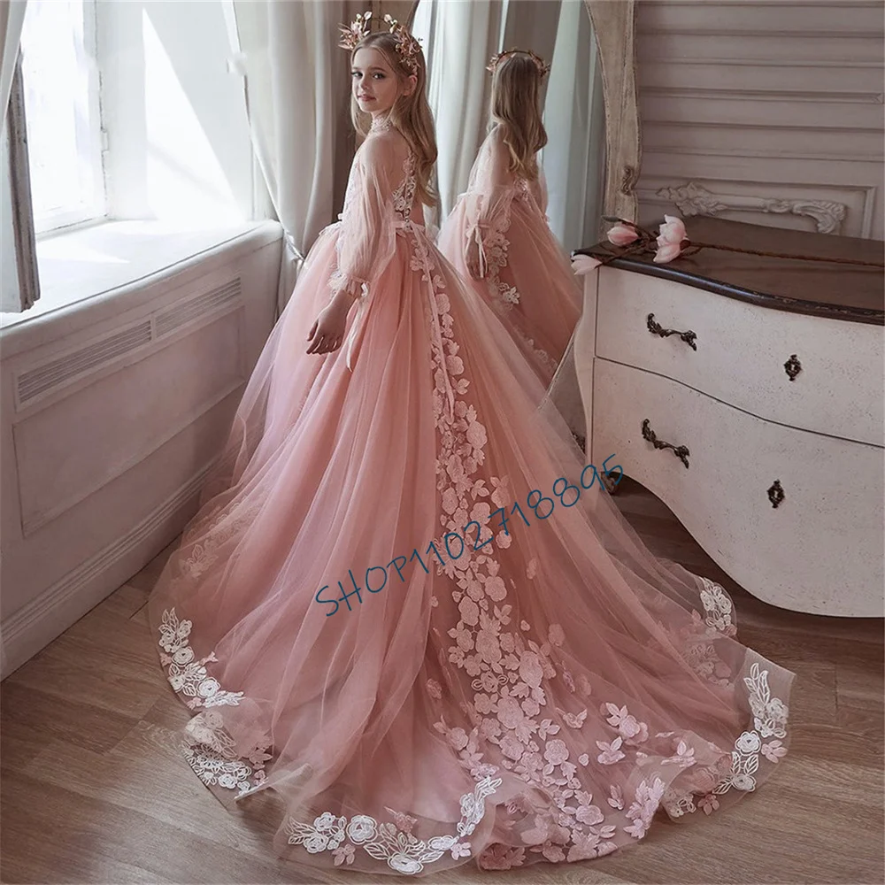 Gorgeous Tulle Lace Printing Trailing Princess Flower Girl Dresses Wedding Party Ball First Communion Dresses Birthday Present