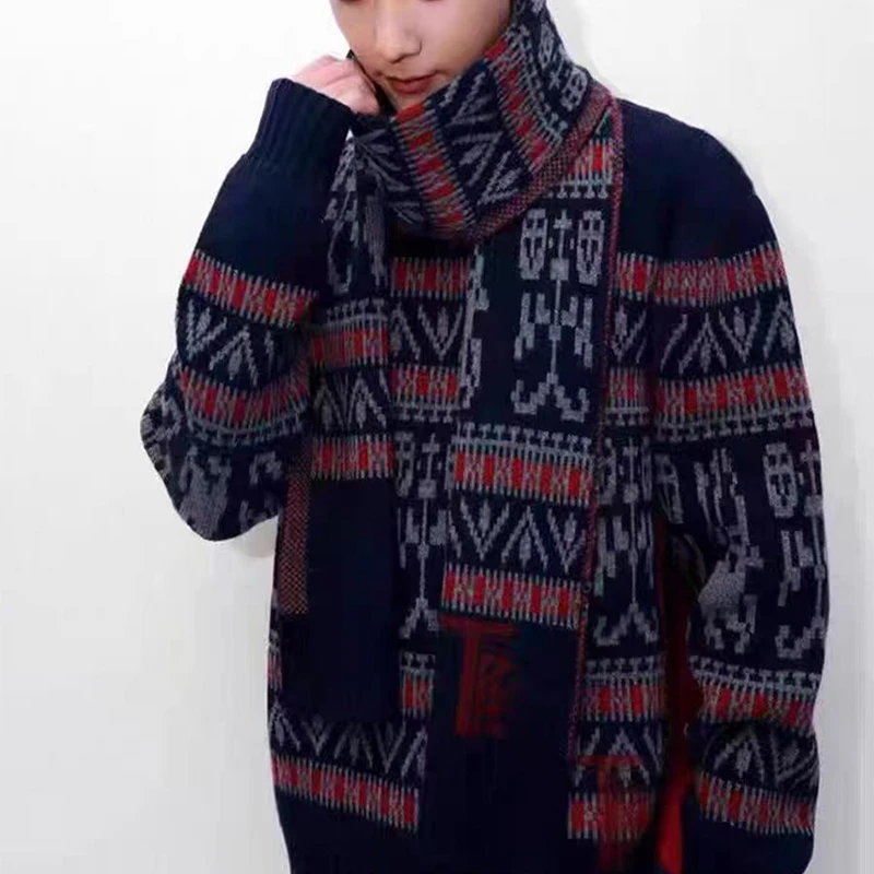 New Popular Autumn Winter Jacquard Pattern Pullover Sweater 100% Wool Casual Round Neck Men's Pullover Pair with Scarf 2-piece