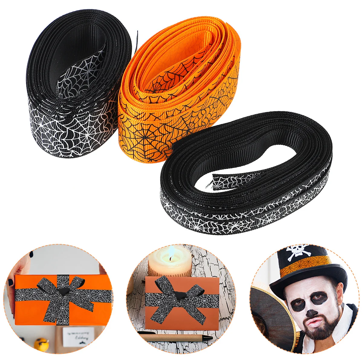 

3 Rolls Halloween Gift Wrap Ribbon Spiderweb Design Bright Color Polyester Grosgrain Ribbon Durable for Crafts Decorations Hair